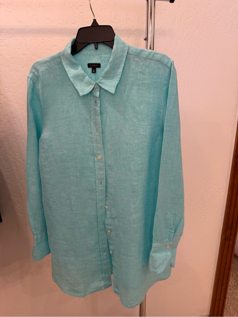 Talbots Linen Button-Front Shirt in Aqua Blue